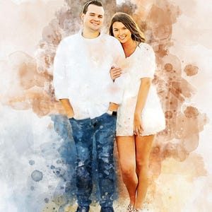Retrato de pareja en acuarela a partir de una foto, impresión digital de boda personalizada, regalo de compromiso para esposa y esposo.