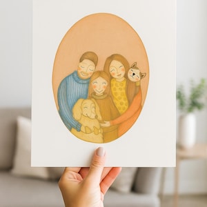 Lindo retrato familiar personalizado, retrato de pareja personalizado, regalo de pareja, regalo de San Valentín, retrato de pareja con mascota, ilustración personalizada