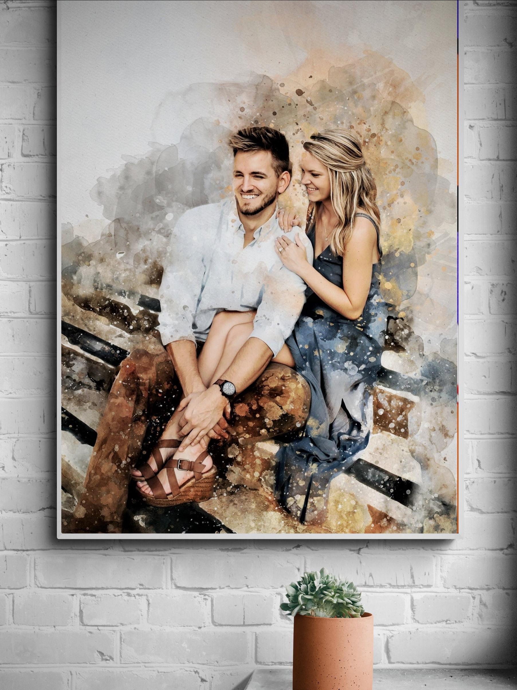 Anniversary gifts for boyfriend, watercolor canvas, portrait from photo, sons girlfriend gift, wedding present mom, Family Portrait Draw