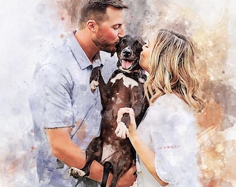Pet family portrait, dog dad present, portrait with dogs, Gift for husband, photo into painting, extra-large wall art, couple with dogs