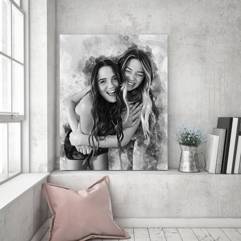 Best friend birthday gifts, BFF Gifts for Girls, Watercolor Portrait, custom charcoal drawing, Present for Girlfriend, Sisters Gift, Besties