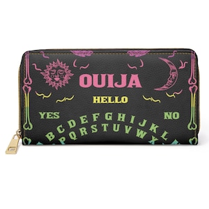 Cartera con cremallera de piel sintética vegana con diseño de tablero de Ouija de bruja, cartera con cremallera, bolso bohemio, accesorio gótico, cartera de mano, tarjetero, bonito, paranormal