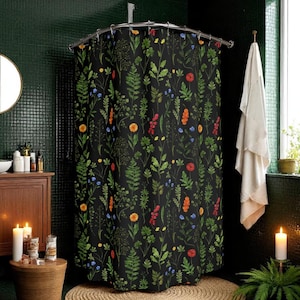Dark Cottagecore Shower Curtain, Vintage Floral Bathroom Decor, Botanical Forest Aesthetic, Witchy Bath Curtain, Moody Plant Print