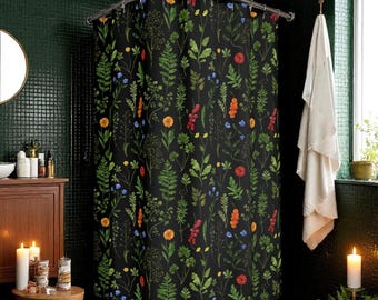 Cortina de ducha estilo cottagecore oscuro, decoración floral vintage para baño, estética de bosque botánico, cortina de baño con temática de brujas, estampado de plantas con un toque melancólico.