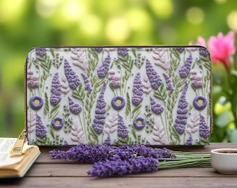 Lavender Embroidered Look Wallet, Faux Embroidery Floral Zip Wallet, Purple Flowers Wallet, Botanical Zipper Wallet, Nature Lover Gift