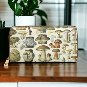 Portefeuille femme mignon, portefeuille champignon, portefeuille de voyage zippé, sac à main cottagecore, porte-monnaie pour cartes de crédit, portefeuille sorcière, portefeuille en cuir végétalien, vintage