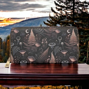 Setas, Cartera Dark Academia Goblincore Zip Up Wallet Dark Cottagecore Regalo para los amantes de las brujas Cartera de cuero vegano Mujeres Viajes