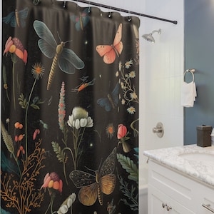 Cottagecore Shower Curtain, Floral Bathroom, Retro Boho Shower Curtain, Woodland Bathroom, Cottagecore Home Accessories Moth Dragonflies
