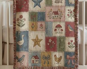 Vintage Nursery Woven Blanket, Heirloom Baby Quilt Style Throw, Cottagecore Baby Blanket, Folk Art Nursery Decor, Woodland Bunny Baby Gift