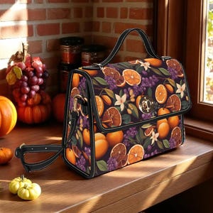 Cartable à imprimé fruits, sac à main bandoulière Cottagecore, sac à bandoulière automne agrumes, sac en cuir végétalien Academia foncé, sac à main tendance automne