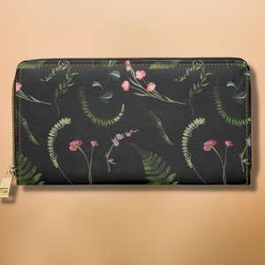 Cartera de mujer Cottagecore Dark Academia Cartera caprichosa Cartera gótica de cuero vegano Cartera con estampado botánico oscuro Cartera delgada y linda Goblincore