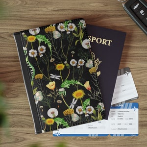 Porta-passaporte de couro de dente-de-leão, couro sintético, capa de passaporte de couro, porta-passaporte de couro vegano, carteira de viagem, porta-cartões