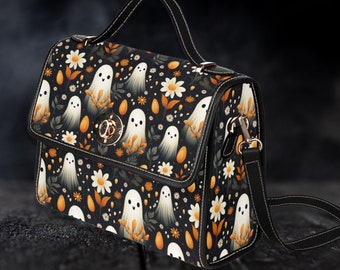 Canvas Halloween Bag Cute Floral Ghost Purse October Crossbody Gift for Witchy Lovers Weekender Bag Women Weekend Bag