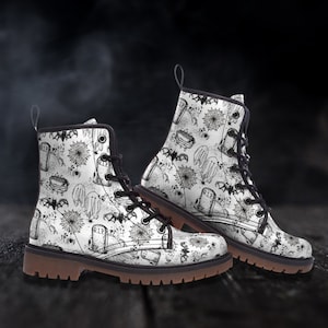 Grunge Ghost Shoes Goth Shoes Black Vegan Leather Boots Combat Boho Boots Wildflower Autumn Aesthetic Halloween Cute Shoes Womens Shoe