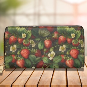 Cartera delgada con estampado de plantas de fresas Regalos veganos para ella Cartera de cuero vegano para tarjetas de crédito Cartera delgada de cuero Cartera gótica para mujer