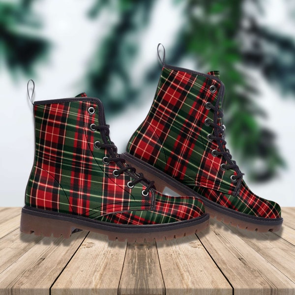 Combat Boots Christmas Tartan Plaid Boots Goth Shoes Mens Leather Boots Witch Shoes Gift for Flower Lover Women's Platform Cottagecore