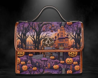 May include: A brown leather handbag with a purple and orange Halloween themed print. The print features a haunted house, trees, and pumpkins. The bag has a top handle and a clasp closure.