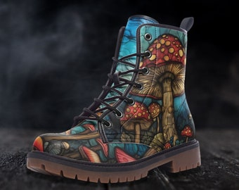 Mushroom Combat Boots Dark Cottagecore Shoes Vegan Stained Glass Goth Boots Dark Academia Outfit Platform Womens Unisex