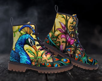 Peacock Feathers Combat Boots Stained Glass Boots Goth Shoes Mens Leather Boots Witch Shoes Gift for Flower Lover Women's Platform