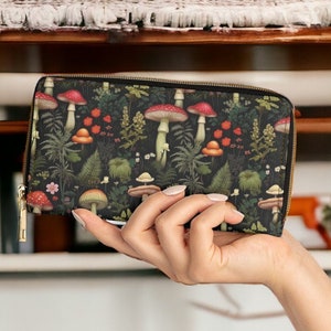 Cartera vintage con forma de hongo, cartera de viaje con cremallera, monedero estilo cottagecore, bolso gótico con forma de hongo mágico, cartera de bruja, regalo para amantes de los hongos recolectores, vegano