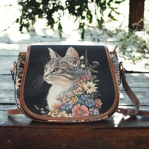 Cat Crossbody Bag, Floral Cat Saddle Bag, Cottagecore Cat Purse, Vintage Cat Handbag, Feline Shoulder Bag, Whimsical Cat Gift