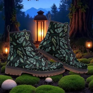 Whimsigoth Combat Boots, Dark Cottagecore Boots, Botanical Vegan Leather Boots, Goth Hiking Boots, Forest Aesthetic Boots