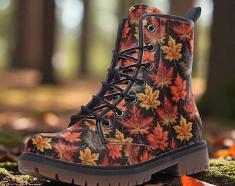 Fall Leaf Combat Boots, Autumn Aesthetic Boots, Maple Leaf Shoes, Cozy Fall Outfit Footwear, Vegan Leather Lace Up Boots