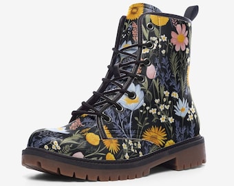 Wildflowers Women&#39;s Combat Boots Dark Cottagecore Shoes Vegan Gifts For Her Goth Boots Dark Academia Outfit Platform Womens Unisex