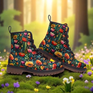 Cottagecore Floral Combat Boots, Vegan Leather Boots, Fairycore Hiking Boots, Dark Forest Style