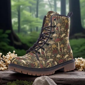 Mushroom Combat Boots, Dark Cottagecore Toadstool Boots, Autumn Goblincore Vegan Leather Lace-Up Boots, Forest Witch Shoes