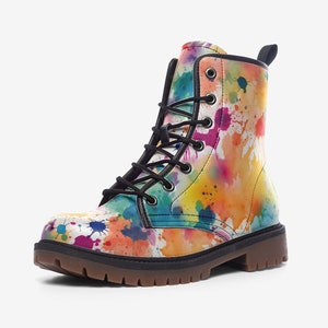 Rainbow Watercolor Vegan Leather Combat Boots: Platform Flower Lover Shoes