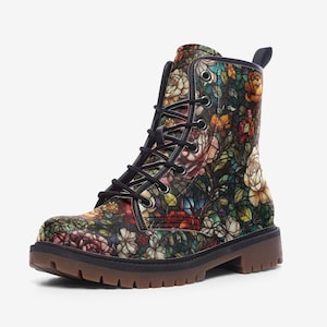 Gebrandschilderd glas-vechtlaarzen, laarzen met bloemmotief, Dark Academia-schoenen, Witchy Esthetic Boots, Gotische laarzen veganistisch leer, Cottagecore-schoenen, Laarzen