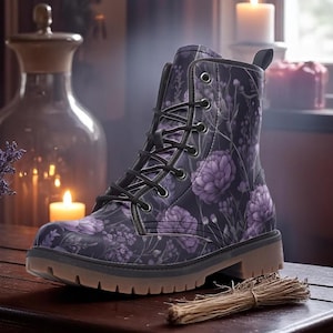 Witch Moon Combat Boots, Purple Floral Vegan Leather Boots, Dark Cottagecore Shoes, Gothic Fall Fashion, Witchy Gifts for Her