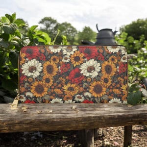 Cartera de girasol, cartera delgada, estampado de otoño, regalos veganos para ella, cartera de cuero vegano para tarjetas de crédito, cartera delgada de cuero para mujer, cartera gótica