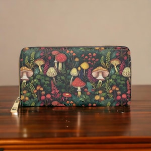 Setas, Cartera Dark Academia Goblincore Zip Up Wallet Dark Cottagecore Regalo para los amantes de las brujas Cartera de cuero vegano Mujeres Viajes