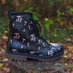 Magic Mushrooms Combat Boots Mens Leather Boots Witch Shoes Gift for Mushroom Lover Women's Platform Cottagecore Dark Academia