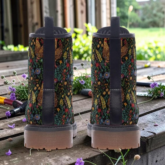 Cottagecore Combat Boots, Chicken & Wildflower Print Boots