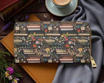 Dark Academia Wallet, Book Lover Wallet, Bookish Wallet, Reader Gift, Vegan Leather Wallet, Floral Zip Wallet, Cottagecore Wallet