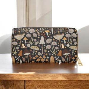 Carteira de cogumelo moderna de meados do século, couro vegano, couro sintético, carteira fofa, bolsa de cogumelo, bolsa Cottage Core, carteira de viagem, zíper com zíper