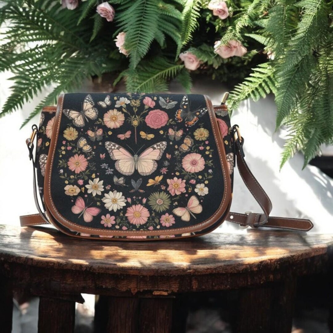 Butterfly and Roses on Geometric Crossbody Bag