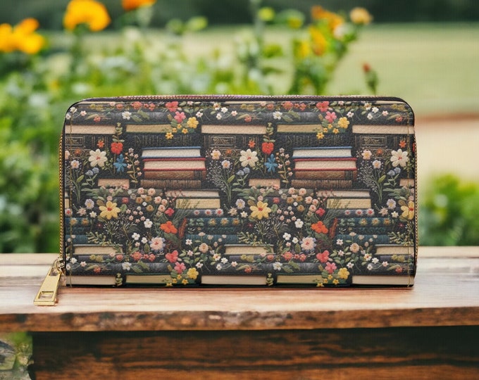 Floral Books Faux Leather Zip Around Wallet - Book Lover Gift