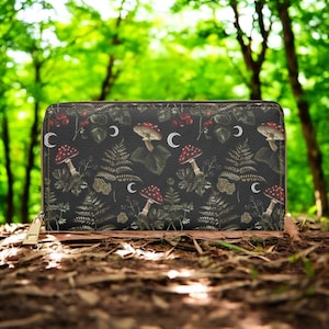 Monedero lindo, monedero delgado, monedero para mujer, Goblincore, Dark Cottagecore, tarjetero de cuero, monedero delgado, monedero para mujer, regalos de hongos