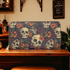 Cartera de calavera, cartera gótica, cartera gótica, cartera bonita para mujer, cartera Dark Academia, cartera de cuero vegano, cartera de bruja, cartera con cremallera