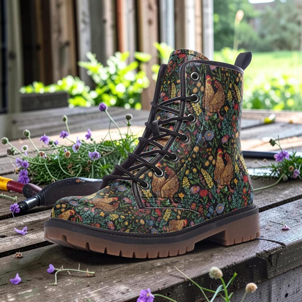 小物 KISHIDAMIKI mouton boots cover Cottagecore Combat Boots, Chicken & Wildflower Print Boots