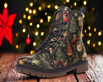 Combat Boots Christmas Floral Boots Goth Shoes Mens Leather Boots Witch Shoes Gift for Flower Lover Women's Platform Cottagecore Xmas