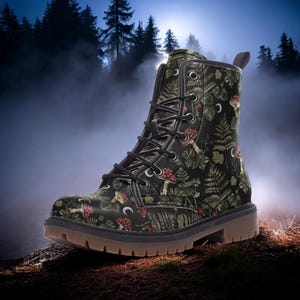 Forestcore Boots, Woodland Mushrooms Combat Boot, Vegan Combat Boots, Witchcore Festival Club Boot, Faecore Mushroom Shoes, Cottagecore Boot