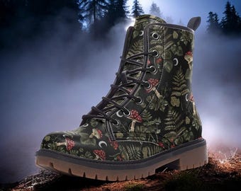 Forestcore Boots, Woodland Mushrooms Combat Boot, Vegan Combat Boots, Witchcore Festival Club Boot, Faecore Mushroom Shoes, Cottagecore Boot