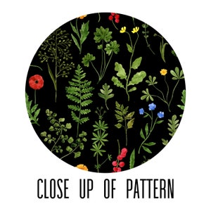 May include: A seamless pattern featuring a variety of green plants and flowers on a black background. The flowers include red poppies, yellow flowers, and blue flowers. The plants include ferns, leaves, and stems.