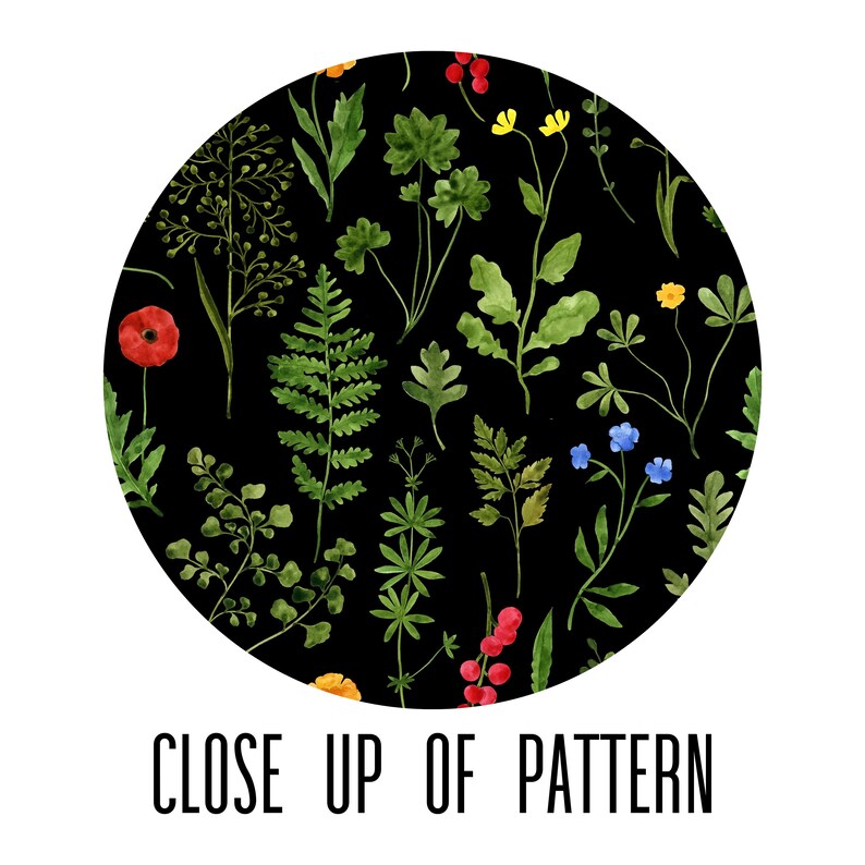 May include: A seamless pattern featuring a variety of green plants and flowers on a black background. The flowers include red poppies, yellow flowers, and blue flowers. The plants include ferns, leaves, and stems.