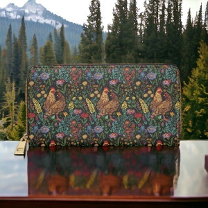 Cartera con cremallera de estilo rústico oscuro, ideal para amantes del pollo, de piel vegana, ideal para viajes y tarjetas de crédito.